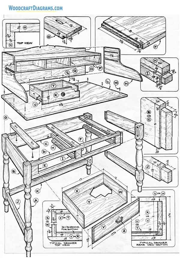 Writing Desk Woodworking Plans Blueprints 01 Structural Layout